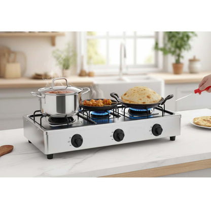 OE-444 3-Burner Gas Stove. Stainless steel enamel body with auto ignition for efficient, powerful triple-burner cooking.