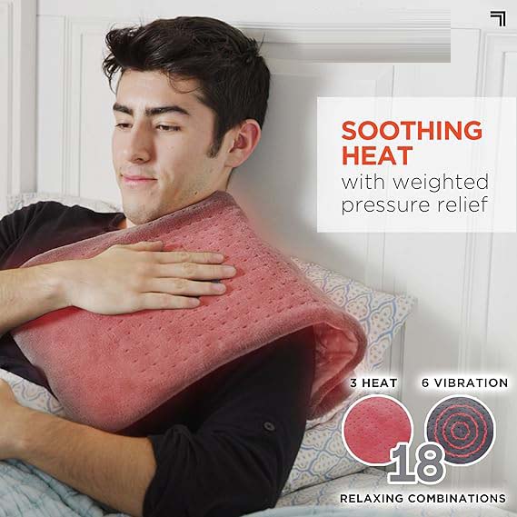 Heat Massaging Weighted Heating Pad by Sharper Image – Electric Heating Pad with Massaging Vibrations, 6 Settings
