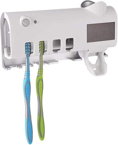 3-in-1 Intelligent Photosensitive Toothpaste Dispenser | Wall Mounted USB Rechargeable Solar Power Toothbrush Holder (White)