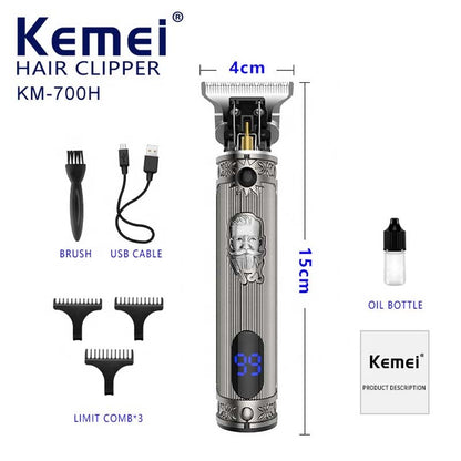 KM-700H Professional Cordless Hair Clipper. LCD display, 1500mAh USB rechargeable, adjustable blades & metal body for barbers.