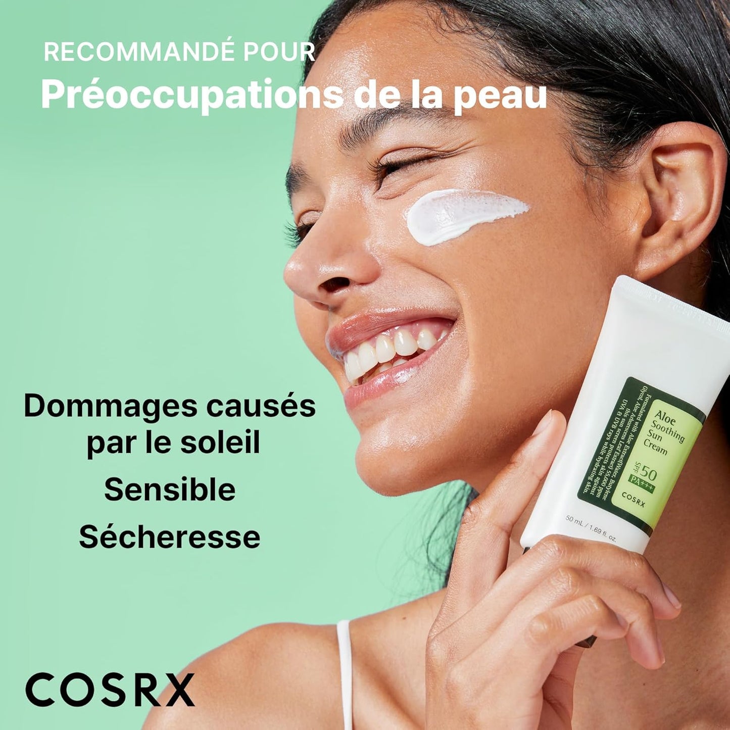 COSRX Aloe Soothing Sun Cream SPF50. Hydrating daily sunscreen for dry, sensitive skin. No white cast. UVA/UVB protection.