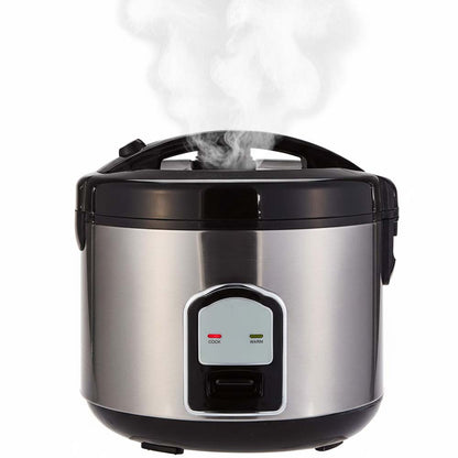 OE-400 2-Liter Mixed Rice Cooker. 2-in-1 rice cooker & steamer with non-stick pot, Cook/Warm functions. Silver & black.