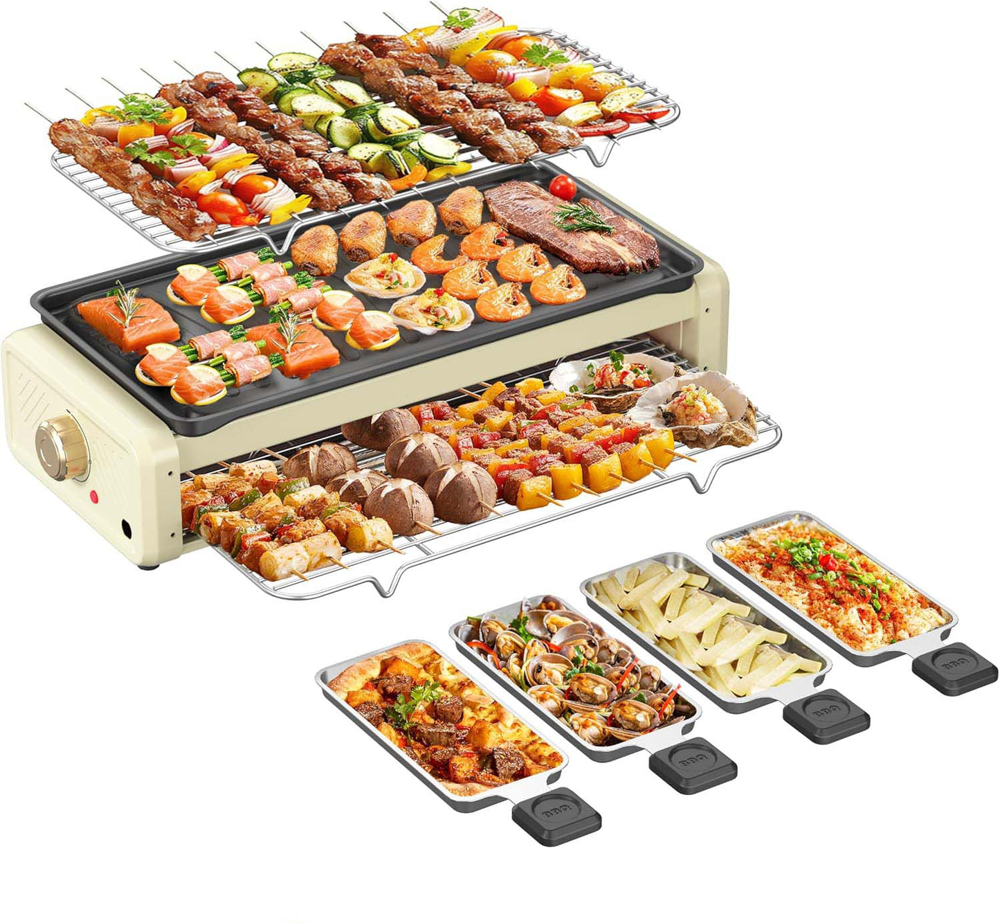 Electric Smokeless Grill - Nonstick Indoor Griddle Pan for Frying, Baking & Stewing, Adjustable Temp, Easy Clean, White