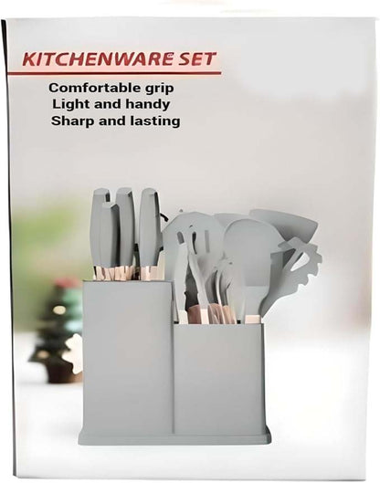 19-Piece Silicone Cooking Utensils & Knife Set with Block | Includes 11 Silicone Utensils, 5 Stainless Steel Knives, Scissors, Cutting Board | Grey