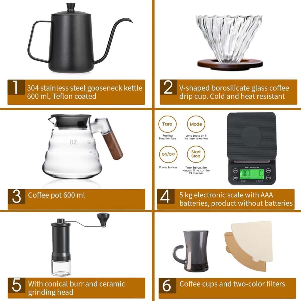 DX-2573 12-PC Pour Over Coffee Kit - Complete Set with Wooden Dripper & Travel Bag, Perfect Gift for Coffee Lovers