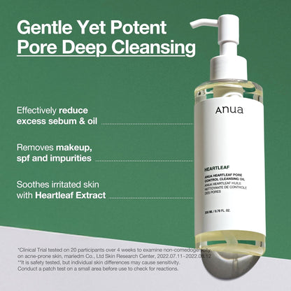 ANUA Heartleaf Pore Control Cleansing Oil. Gentle Korean oil cleanser to dissolve makeup, sunscreen & blackheads. 200ml.