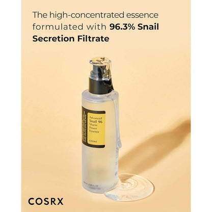 COSRX Advanced Snail 96 Mucin Power Essence. Hydrating & repairing snail secretion filtrate for plump, glowing skin. 100ml.
