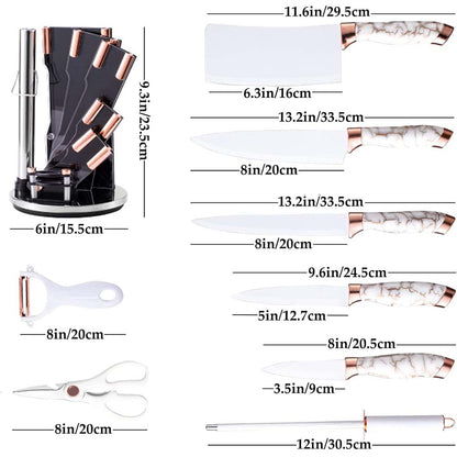 9-Piece White Kitchen Knife Set Ultra-sharp non-stick blades with cracked handle design & acrylic stand. Perfect gift set.