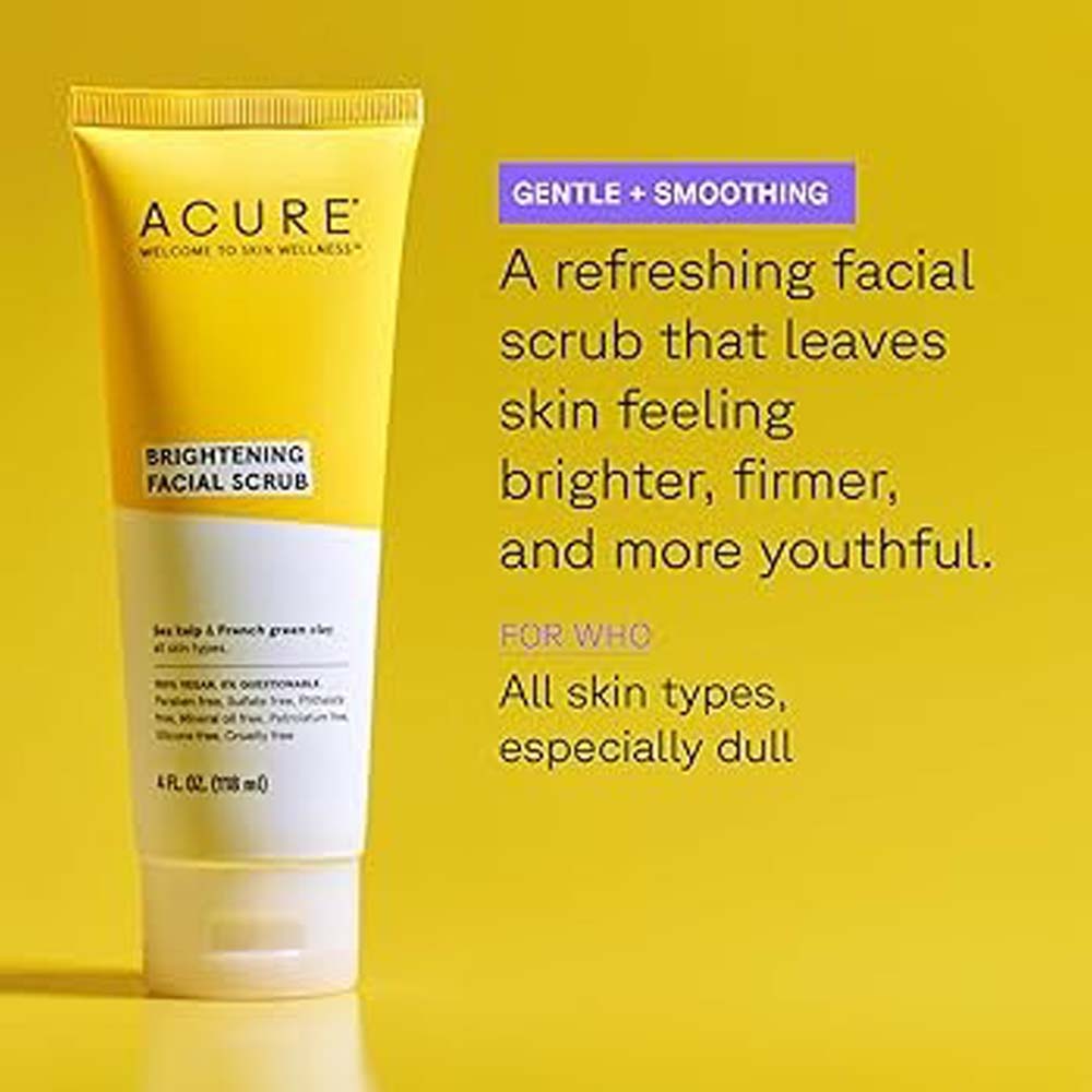 Acure Brightening Facial Scrub - Exfoliating Face Wash with Sea Kelp & French Green Clay, Gentle Daily Scrub for Radiant Skin