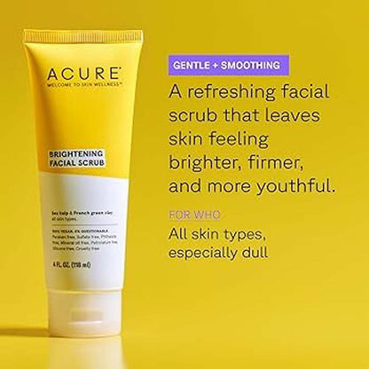 Acure Brightening Facial Scrub - Exfoliating Face Wash with Sea Kelp & French Green Clay, Gentle Daily Scrub for Radiant Skin