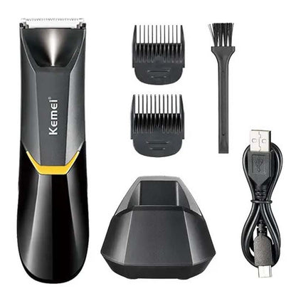 Kemei KM-3208 Professional Body Hair Trimmer. LED light, USB charging, waterproof for precise men & women intimate shaving.