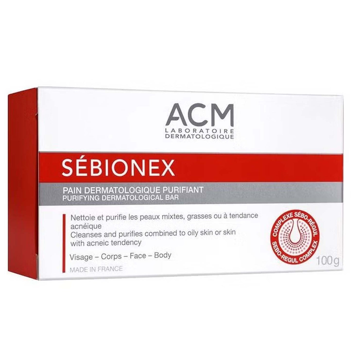ACM Sebionex Purifying Soap. Deep cleansing bar for oily, acne-prone skin. Helps regulate sebum & prevent impurities. 100g.