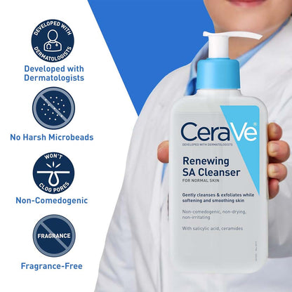 CeraVe Renewing Salicylic Acid Cleanser – Gentle BHA Exfoliating Face Wash with Hyaluronic Acid, Niacinamide & Ceramides, Smooths & Softens Skin