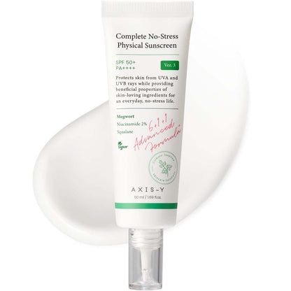 AXIS-Y No-Stress Physical Sunscreen V3. SPF 50 mineral sunblock with Niacinamide for sensitive, acne-prone skin. Vegan Korean skincare.