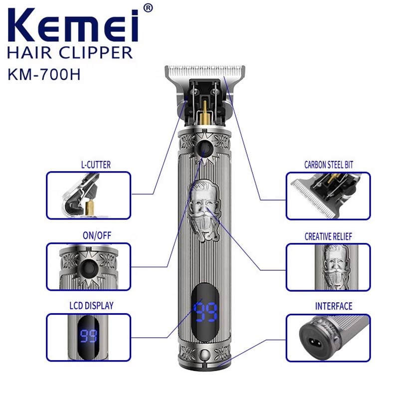KM-700H Professional Cordless Hair Clipper. LCD display, 1500mAh USB rechargeable, adjustable blades & metal body for barbers.