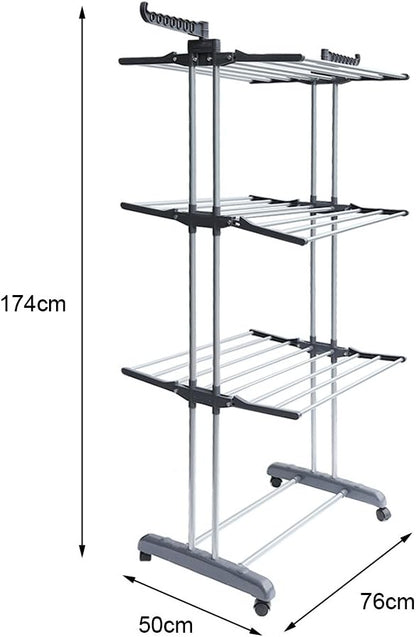 Foldable Rolling Laundry Drying Rack with Adjustable Shelves | Heavy-Duty Stainless Steel Rods | Compact Storage | 4-Tier Adjustable Height & Portable Design