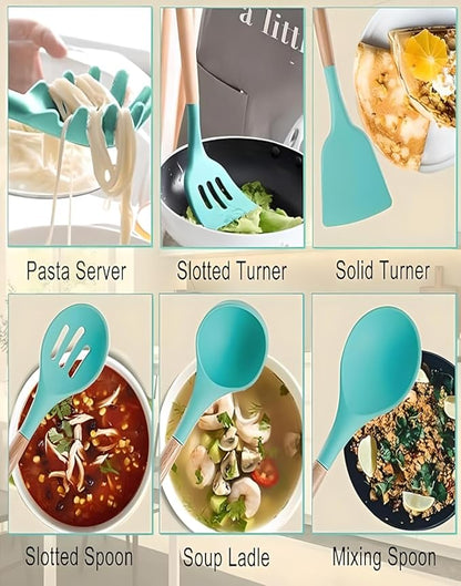 19-Piece Silicone Cooking Utensils & Knife Set with Block | Includes 11 Silicone Utensils, 5 Stainless Steel Knives, Scissors, Cutting Board | Teal