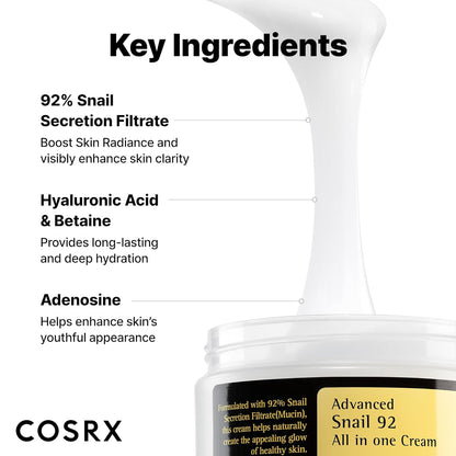 COSRX Advanced Snail 92 All In One Cream - 100g Korean Moisturizer with 92% Snail Mucin for Hydration & Repair