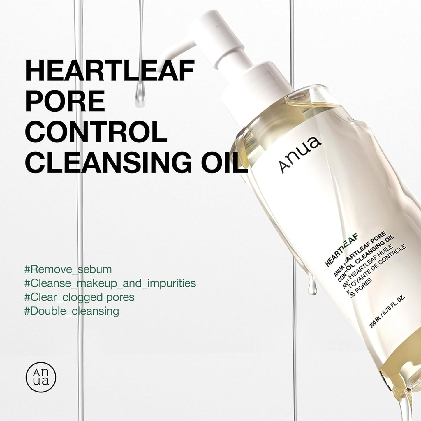 ANUA Heartleaf Pore Control Cleansing Oil. Gentle Korean oil cleanser to dissolve makeup, sunscreen & blackheads. 200ml.