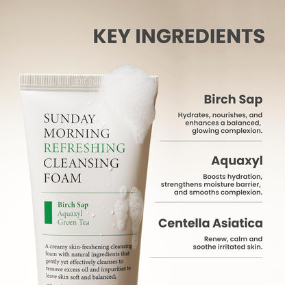 AXIS-Y Sunday Morning Refreshing Cleansing Foam. Gentle Korean face wash with natural surfactants for a soft cleanse. 120ml.