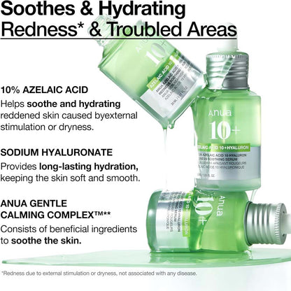 Anua Azelaic Acid 10 Soothing Serum with Hyaluronic Acid & Niacinamide for redness-prone, sensitive skin. Vegan Korean skincare.