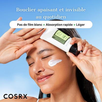 COSRX Aloe Soothing Sun Cream SPF50. Hydrating daily sunscreen for dry, sensitive skin. No white cast. UVA/UVB protection.