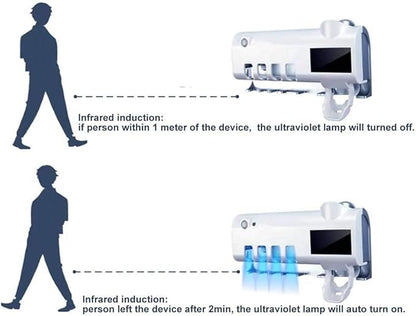 3-in-1 Intelligent Photosensitive Toothpaste Dispenser | Wall Mounted USB Rechargeable Solar Power Toothbrush Holder (White)
