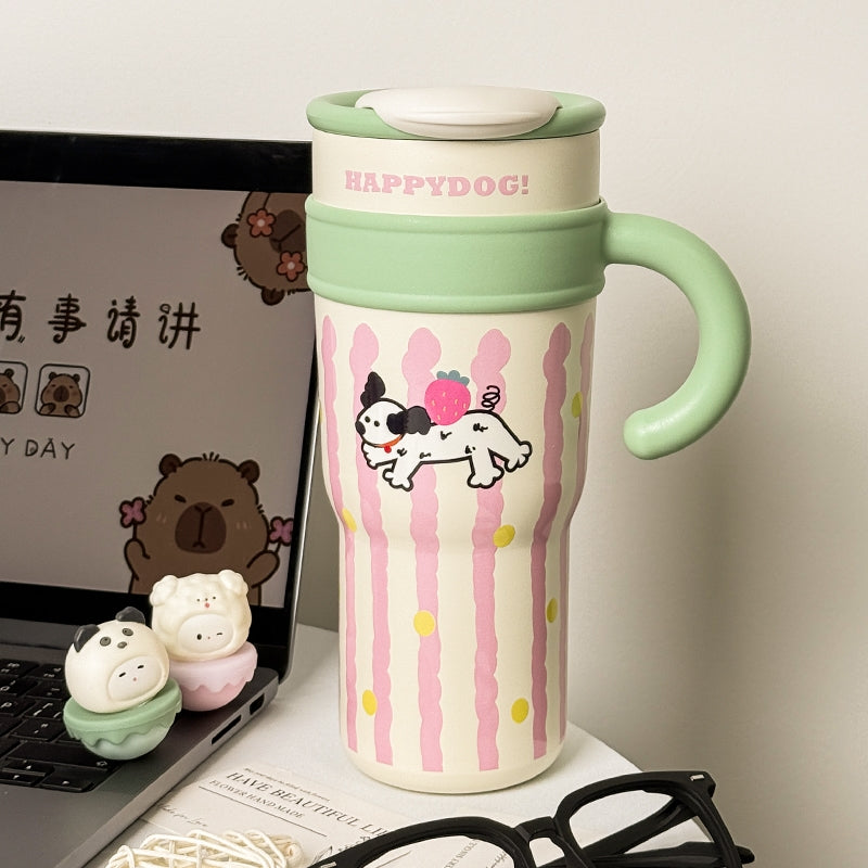 Happy Dog Tumbler, Reuseable Travel Mug, Easy to grip, Fun personal mug, Ergonomic handle, Silicone lid.