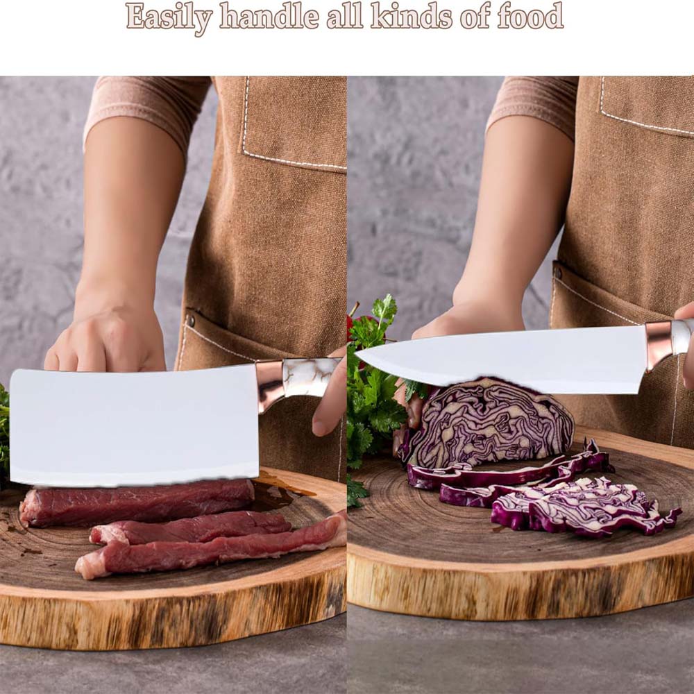 9-Piece White Kitchen Knife Set Ultra-sharp non-stick blades with cracked handle design & acrylic stand. Perfect gift set.