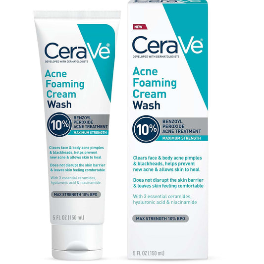CeraVe Acne Foaming Cream Wash with 10% Benzoyl Peroxide. Treats breakouts on face & body, gentle with Niacinamide & Hyaluronic Acid.