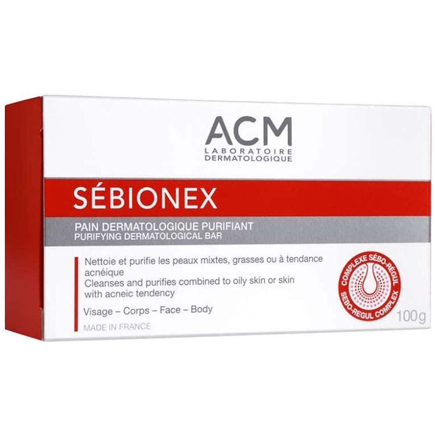 ACM Sebionex Purifying Soap. Deep cleansing bar for oily, acne-prone skin. Helps regulate sebum & prevent impurities. 100g.