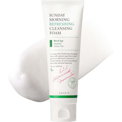 AXIS-Y Sunday Morning Refreshing Cleansing Foam. Gentle Korean face wash with natural surfactants for a soft cleanse. 120ml.