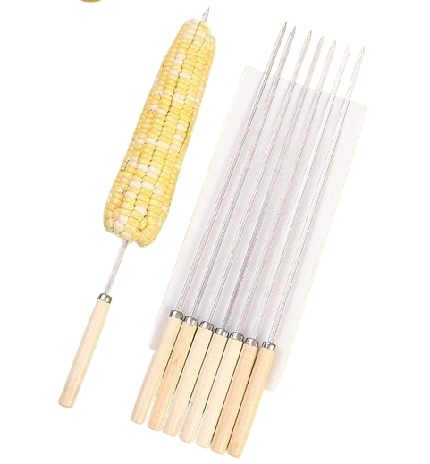 6 Pcs Kebab Skewers | Barbecue Skewers with Wooden Handle | Reusable Stainless Steel Metal BBQ Kabab Sticks