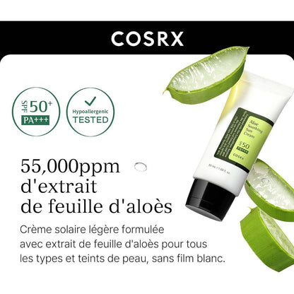 COSRX Aloe Soothing Sun Cream SPF50. Hydrating daily sunscreen for dry, sensitive skin. No white cast. UVA/UVB protection.