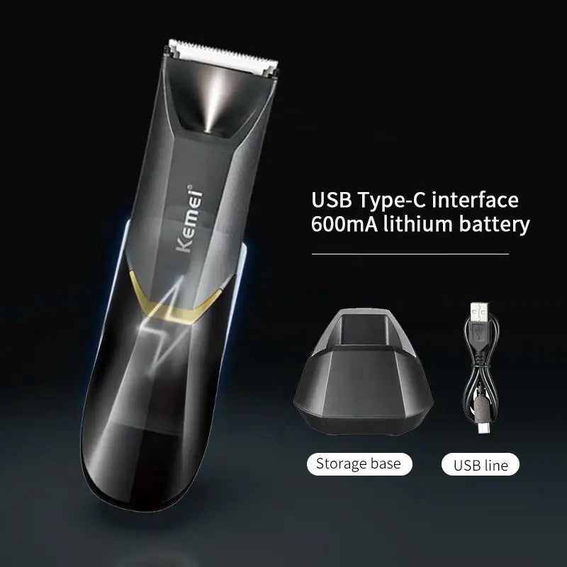 Kemei KM-3208 Professional Body Hair Trimmer. LED light, USB charging, waterproof for precise men & women intimate shaving.