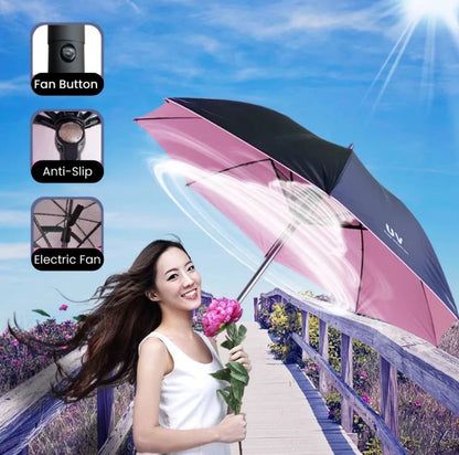 Fan Umbrella, Newly UV Sun Umbrella with Fan, Portable Cooling UPF 50+, Foldable for Sun & Rain, USB Rechargeable, Travel Umbrellas for Watching Games, Playground, Heatstroke, Hot Days.
