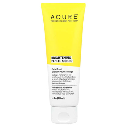 Acure Brightening Facial Scrub - Exfoliating Face Wash with Sea Kelp & French Green Clay, Gentle Daily Scrub for Radiant Skin