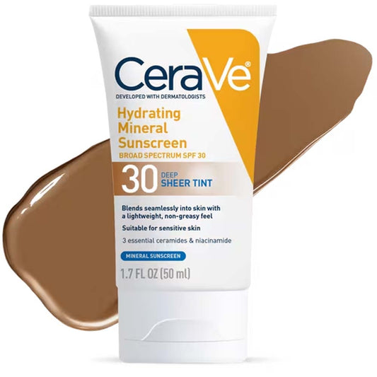 CeraVe Hydrating Mineral Sunscreen Face Lotion SPF 30 with Sheer Tint – 100% Mineral Filter, Broad Spectrum Protection & Healthy Glow Finish