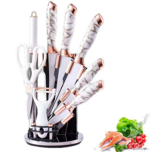 9-Piece White Kitchen Knife Set Ultra-sharp non-stick blades with cracked handle design & acrylic stand. Perfect gift set.